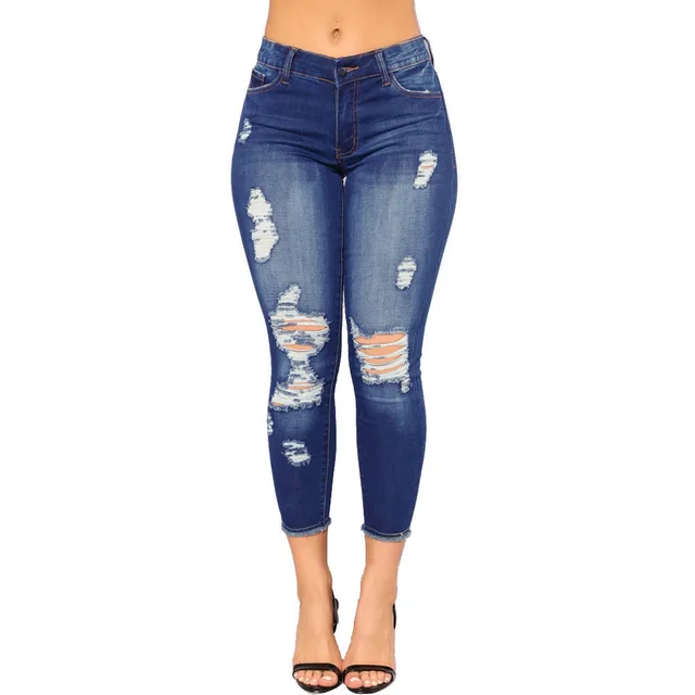 Ripped Denim Women's Pants Tight Dark Blue - Shop at LoveMi