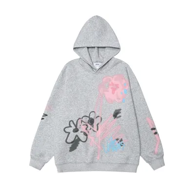 Retro High end Street Spray Flower Design Neutral Heavy Hooded Couple Sweater Women Gray - Shop at LoveMi