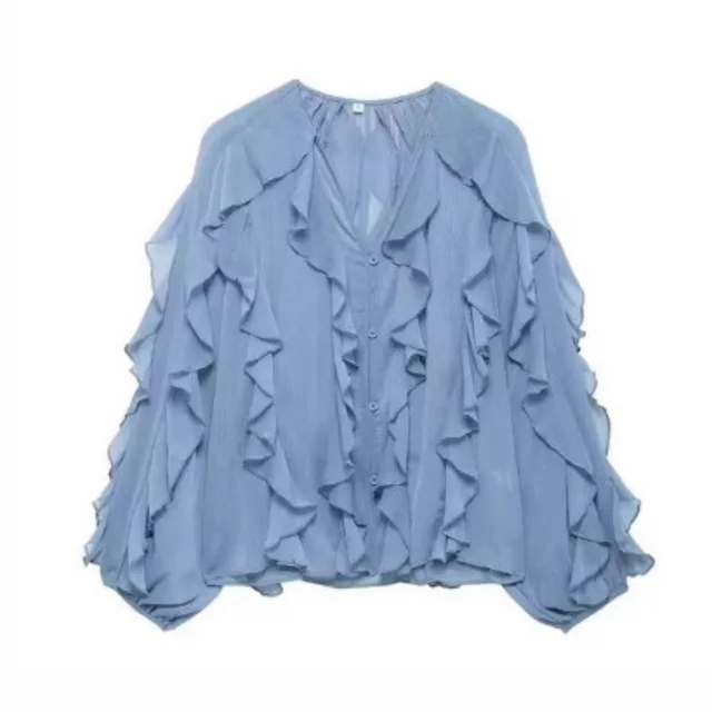 Women's Laminated Decoration Shirt Blue - Shop at LoveMi