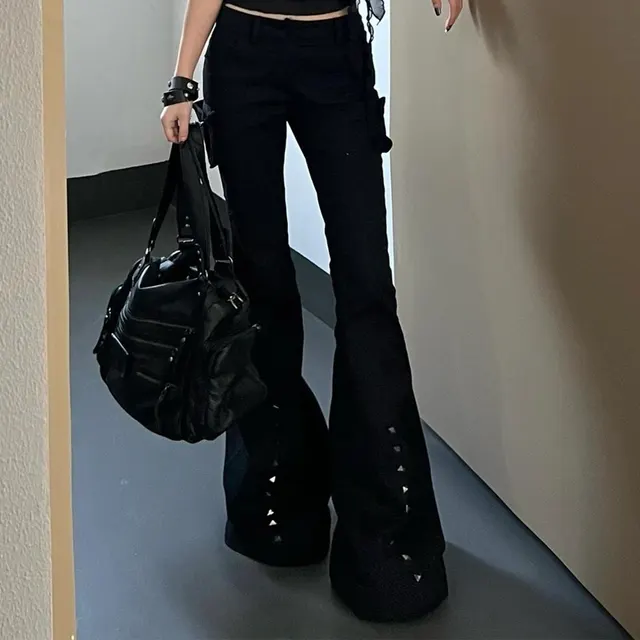Retro Decorative Rivets Straight Slightly Flared Casual Pants Jeans Version - Shop at LoveMi