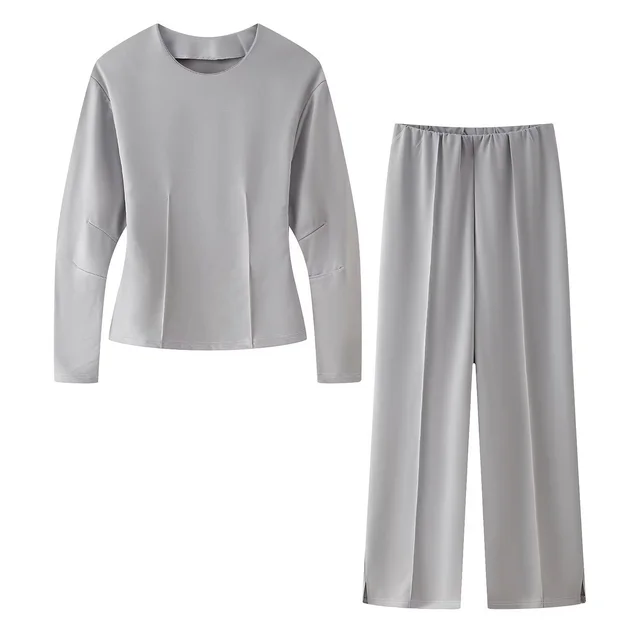 Clothing Double sided Cloth Round Neck Top Casual Pants Light Gray Suit - Shop at LoveMi