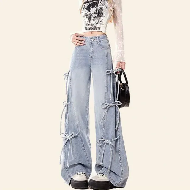 Bow Bandage Jeans For Women Loose fitting Wide leg Trousers Blue - Shop at LoveMi