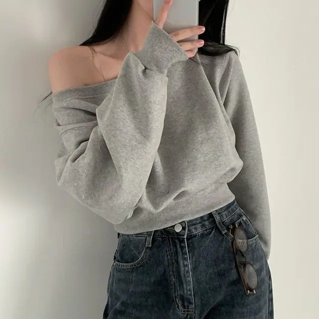 Thin Bottoming Shirt Off shoulder Loose Casual Top Gray - Shop at LoveMi
