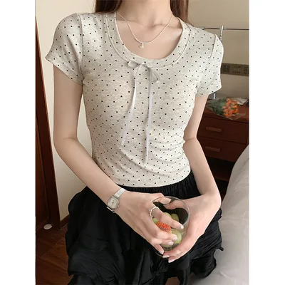 Niche Sweet Hot Girl Round Neck Tied Bow Shoulder Short Sleeve Top For Women Gray Bottom Peach Heart - Shop at LoveMi