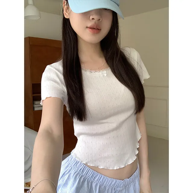 Women's Lace Stitching Bow Round Neck Fitted Short T shirt Top White - Shop at LoveMi