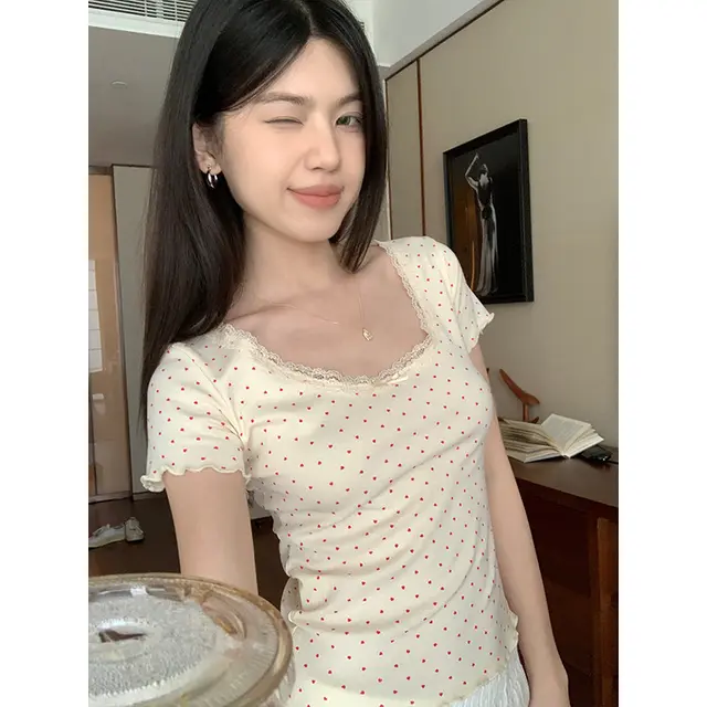 Lace Summer Bow Chic Slim Top Apricot Bottom Peach Heart - Shop at LoveMi