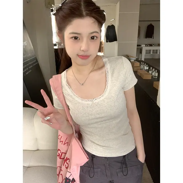 Lace Summer Bow Chic Slim Top Flower Gray - Shop at LoveMi