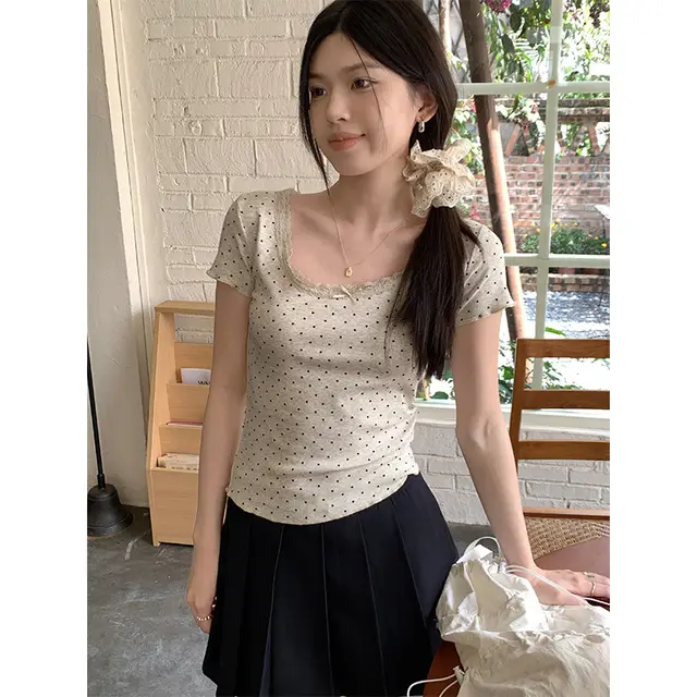 Lace Summer Bow Chic Slim Top Gray Bottom Peach Heart - Shop at LoveMi