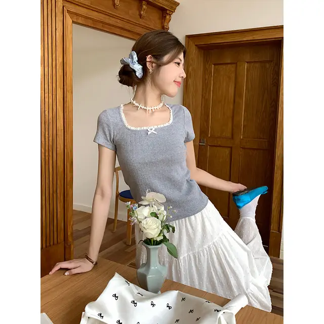 U Collar Lace Short sleeved T shirt Slim fit Floral Top Gray - Shop at LoveMi