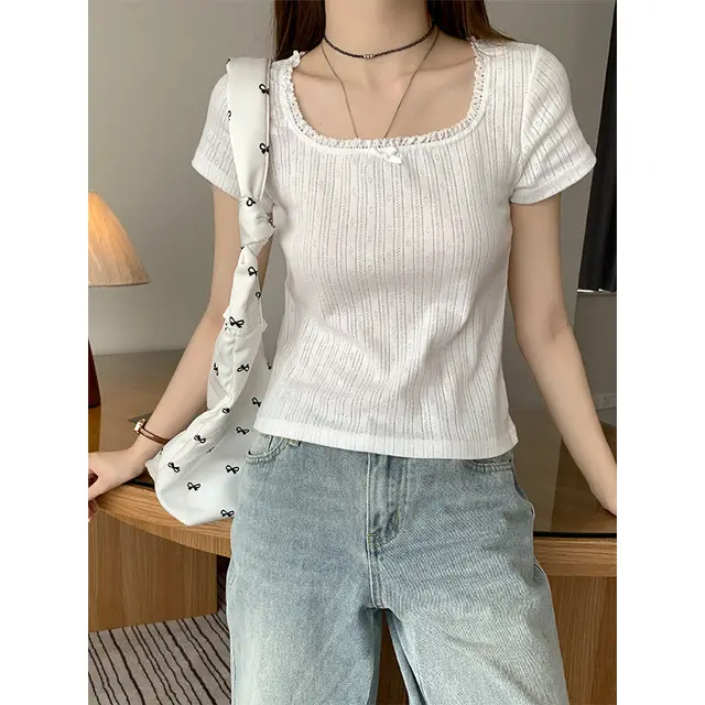 U Collar Lace Short sleeved T shirt Slim fit Floral Top White - Shop at LoveMi