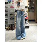 Retro Washed High Waist Wide Leg Jeans For Women Baggy Straight Trousers - Blue