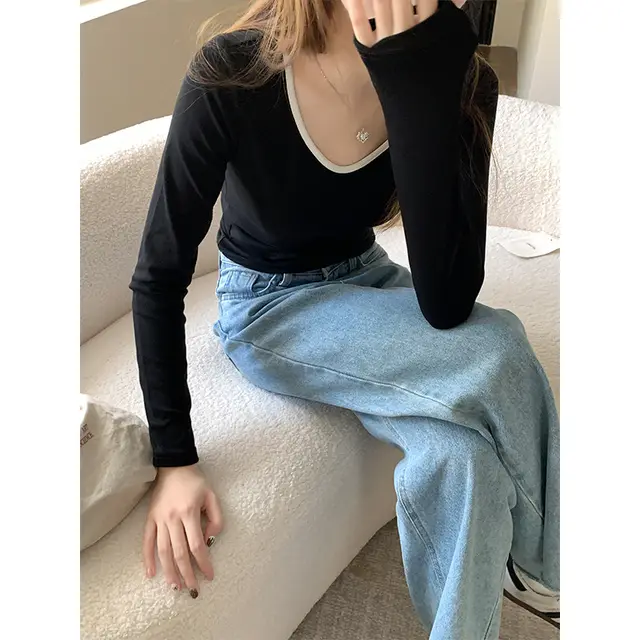 V neck Long sleeved T shirt Women's Autumn Contrast Color Skinny Short Bottoming Shirt Top Women's Clothing Black - Shop at LoveMi
