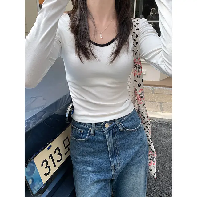 V neck Long sleeved T shirt Women's Autumn Contrast Color Skinny Short Bottoming Shirt Top Women's Clothing White - Shop at LoveMi