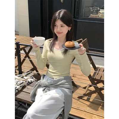 V neck Long sleeved T shirt Women's Autumn Contrast Color Skinny Short Bottoming Shirt Top Women's Clothing Yellow - Shop at LoveMi