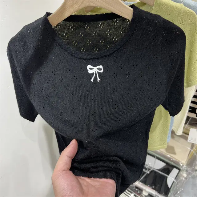 Summer Bow Age reducing Solid Color Short Sleeve New Lace collared Blouse Black - Shop at LoveMi