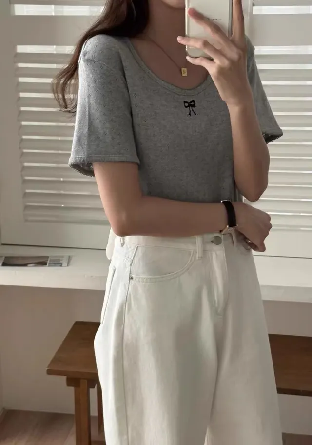 Summer Bow Age reducing Solid Color Short Sleeve New Lace collared Blouse Gray - Shop at LoveMi
