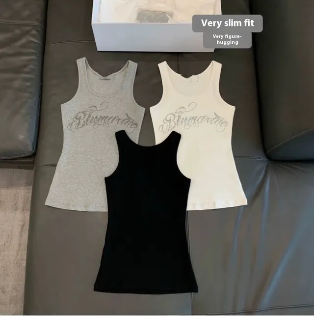 Rhinestone Letters Flattering Versatile Inner Match Outer Vest Top For Women Black - Shop at LoveMi