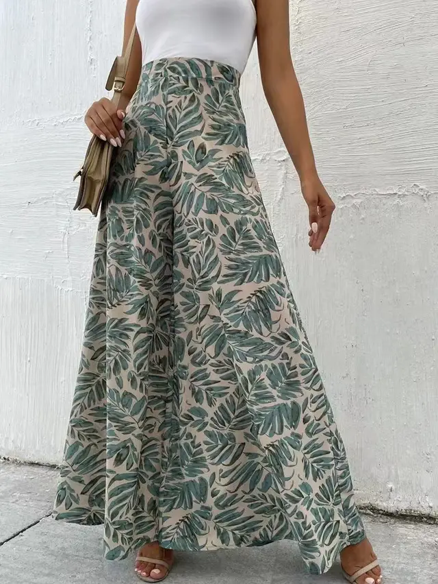 Fashionable Chiffon Floral Wide leg Pants For Women Apricot Bottom Green - Shop at LoveMi