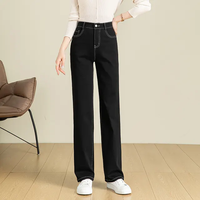 High Waist Denim Stretch Mop Wide Leg Pants Black - Shop at LoveMi
