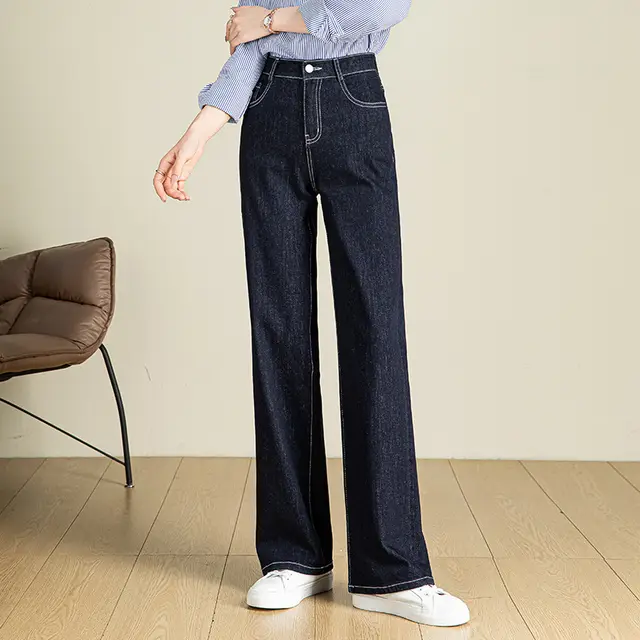 High Waist Denim Stretch Mop Wide Leg Pants Dark Blue - Shop at LoveMi