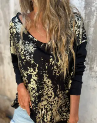 Women's Fashion Printing V-neck Long Sleeve Top - 5 Models D764