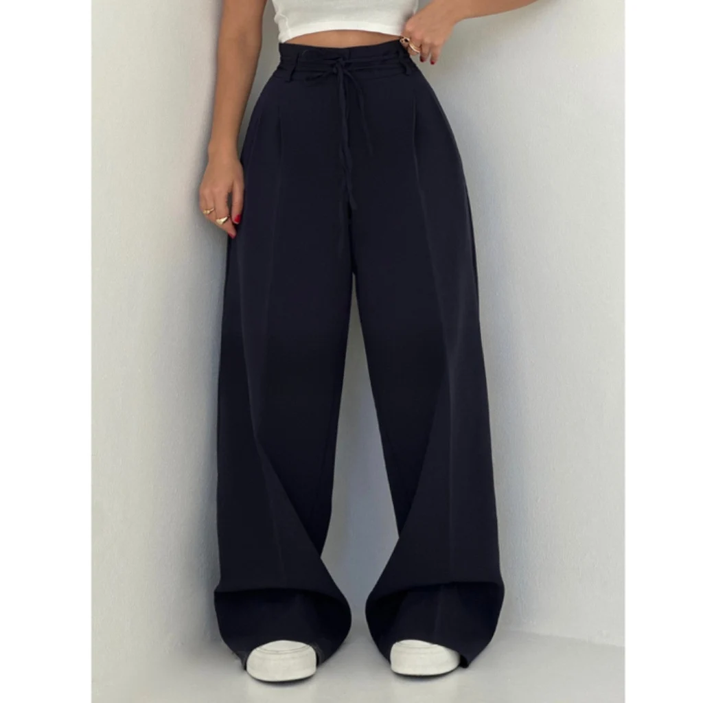 High Waist Lace Up Slim Fit Straight-leg Pants - Blue
