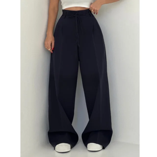 High Waist Lace Up Slim Fit Straight leg Pants Blue - Shop at LoveMi