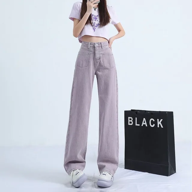 High Waist Front Pocket Design Sense Niche Loose Versatile Mop Straight leg Pants Purple - Shop at LoveMi
