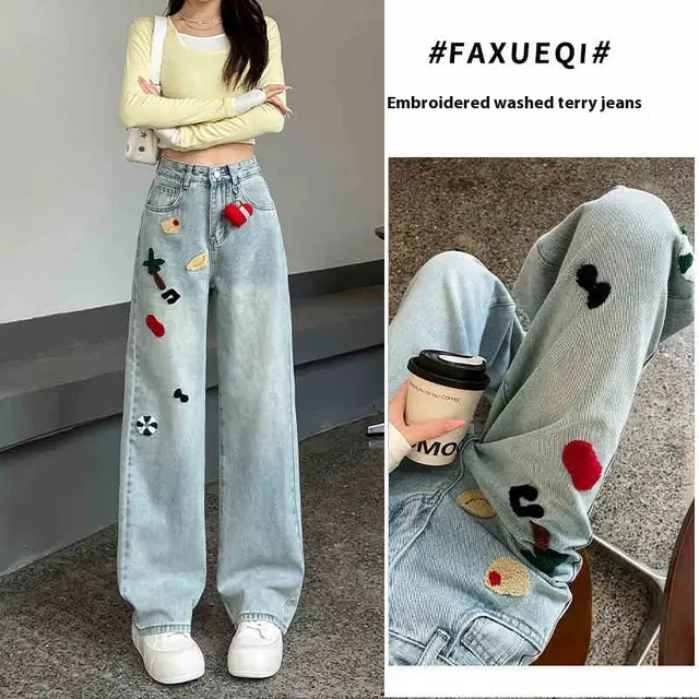 Embroidered Wide leg Jeans Women's High Waist Straight Mopping Pants Blue - Shop at LoveMi