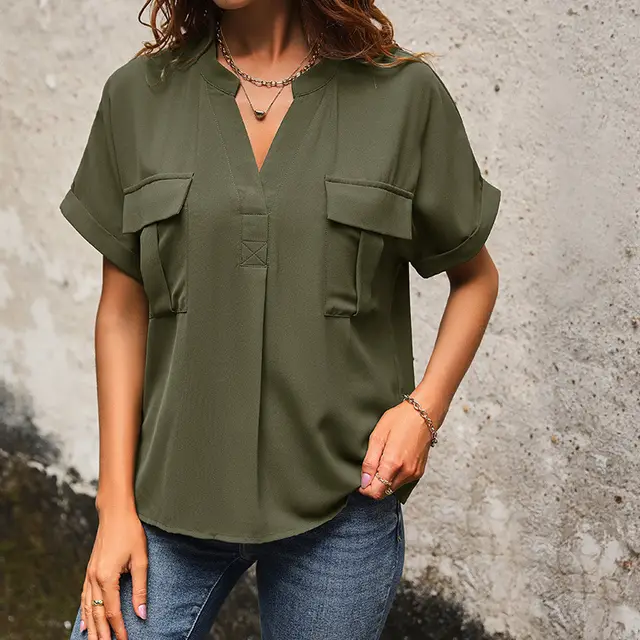 Women's European And American Solid Color And V neck Pocket Elegant Shirt Army Green - Shop at LoveMi