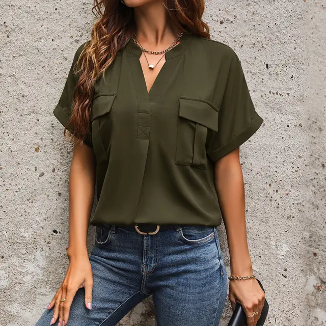 Women's European And American Solid Color And V neck Pocket Elegant Shirt Dark Green - Shop at LoveMi