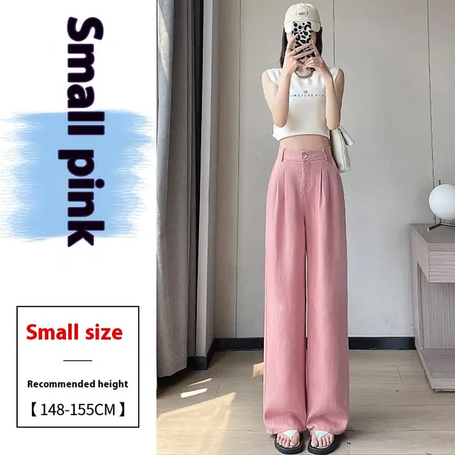 Linen Wide leg Pants Ice Silk High Waist Straight Casual Pants Pink Little Man - Shop at LoveMi