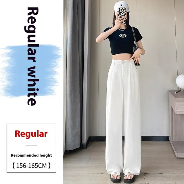 Linen Wide leg Pants Ice Silk High Waist Straight Casual Pants White Conventional Style Style - Shop at LoveMi