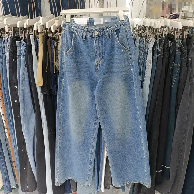 Heavy Industry Point Decoration Loose Wide Leg Leisure Jeans Blue - Shop at LoveMi