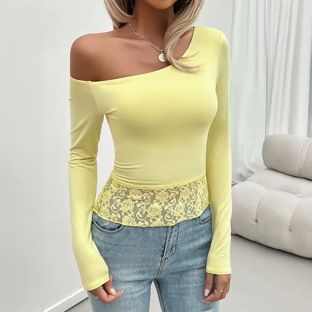 Y2g Top Women's Slim fit Knitted Long sleeved T shirt Light Yellow - Shop at LoveMi