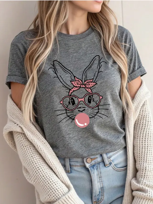 Happy Easter Rabbit Printed Women's Round Neck Short Sleeve T shirt Dark Gray 7 - Shop at LoveMi