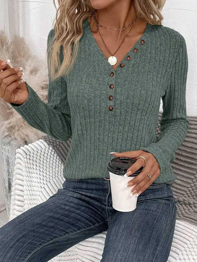 Top Solid Color Casual Long Sleeves Knitwear Green - Shop at LoveMi
