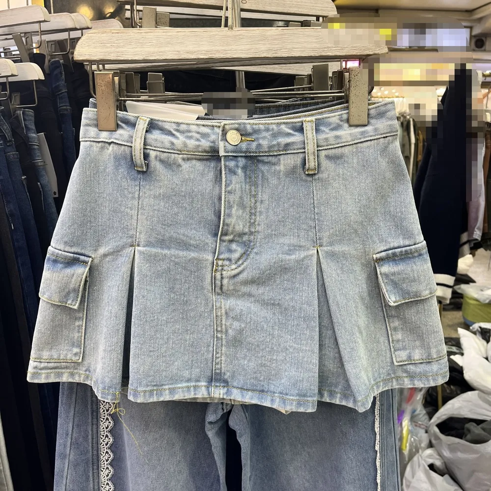 Style Retro A Line Denim Skirt High Waist Pleated Light Blue - Shop at LoveMi