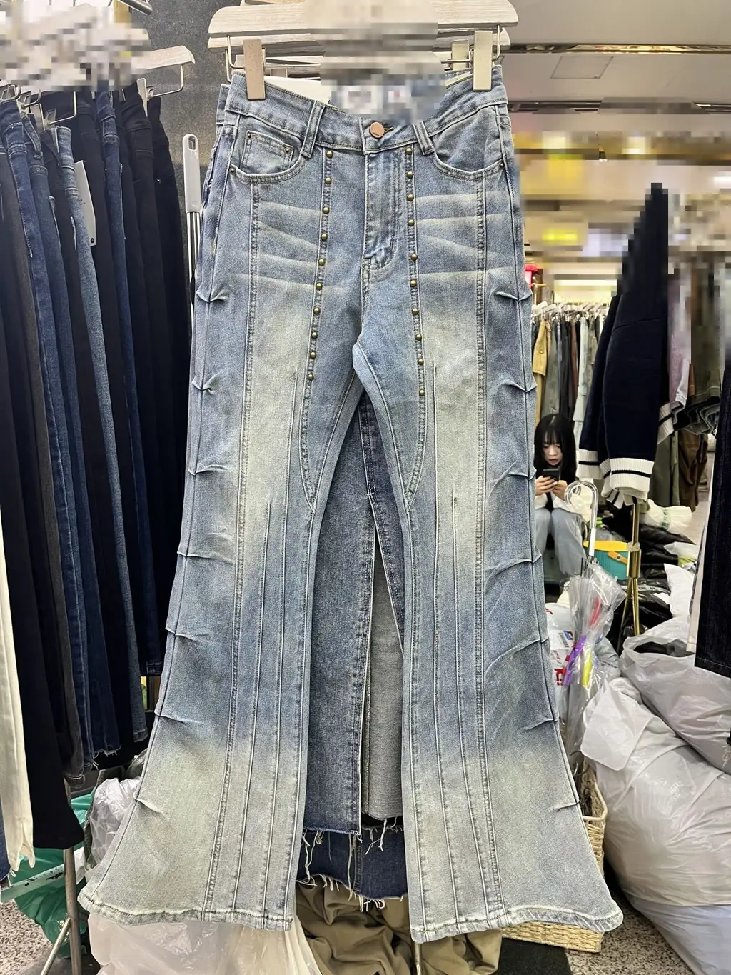 Retro Rivet Heavy-duty Skinny Jeans High Waist Slimming Design - Blue
