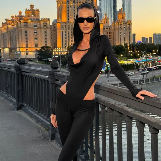 Sexy Cutout Slim fit Hood Long Sleeve Jumpsuit Black - Shop at LoveMi