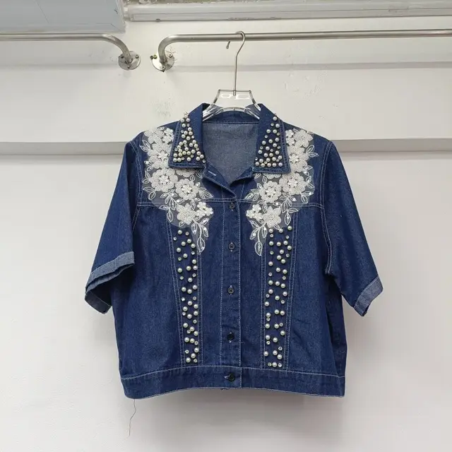 Early Spring Heavy Industry Beads Denim Top High grade Small High Waist All matching Umbrella Skirt Top - Shop at LoveMi