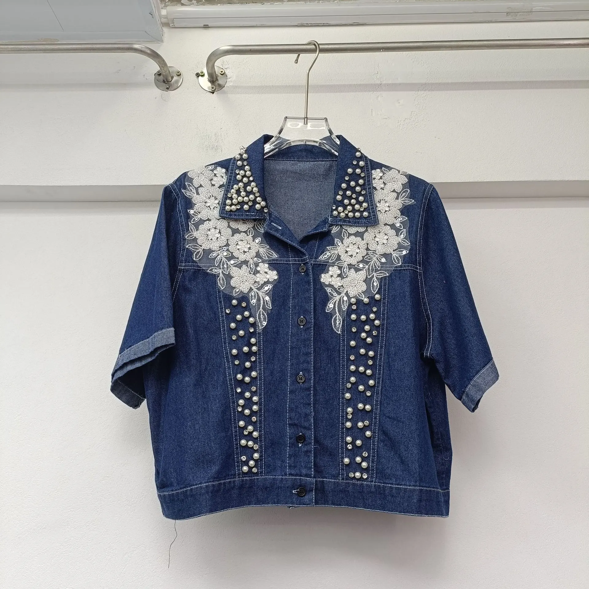 Early Spring Heavy Industry Beads Denim Top High-grade Small High Waist All-matching Umbrella Skirt - Top
