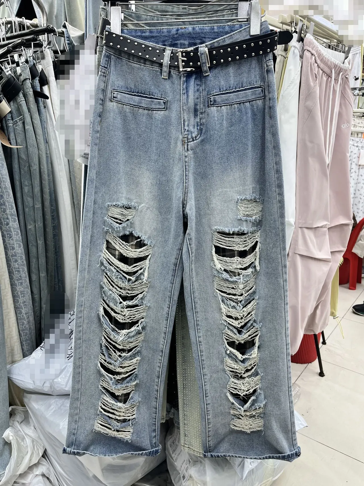 Blue With Holes Design Straight Jeans - Blue Without Belt