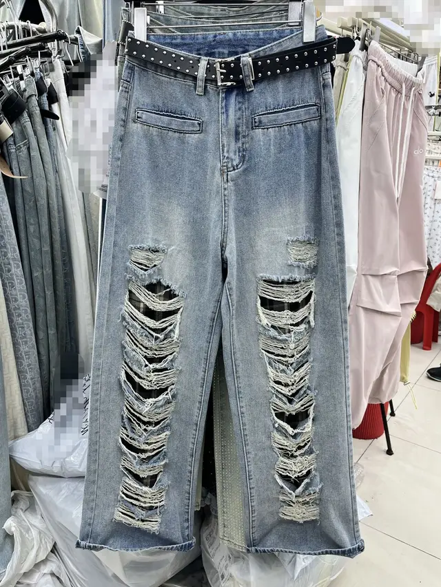 Blue With Holes Design Straight Jeans Blue Without Belt - Shop at LoveMi