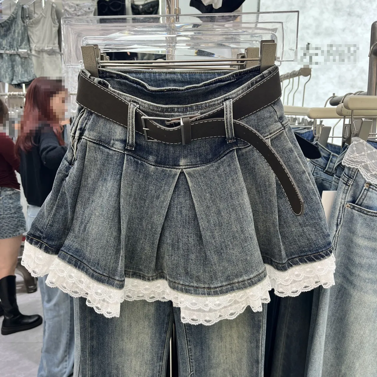 Design Lace Stitching Skirt - Blue Belt