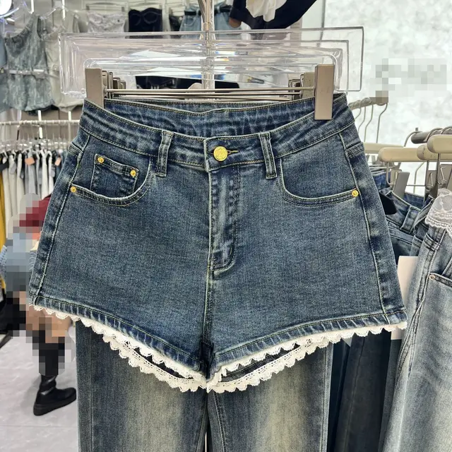 Lace Edge Stitching Sweet Chic Denim Shorts Dark Blue No Belt - Shop at LoveMi