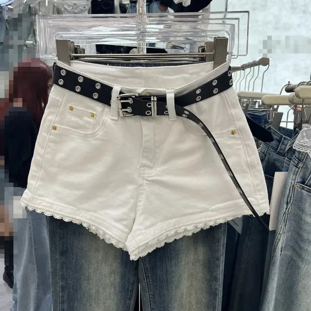 Lace Edge Stitching Sweet Chic Denim Shorts White Without Belt - Shop at LoveMi