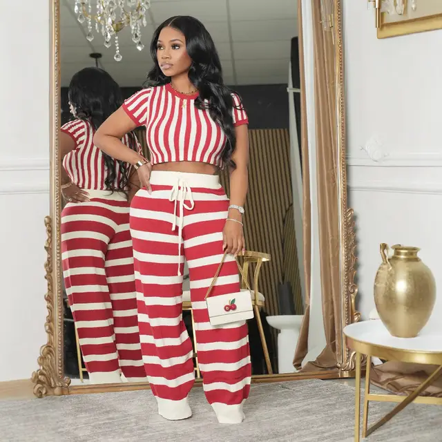 Women's Striped Round Neck T shirt Short Top High Waist Wide Leg Trousers Suit Red - Shop at LoveMi