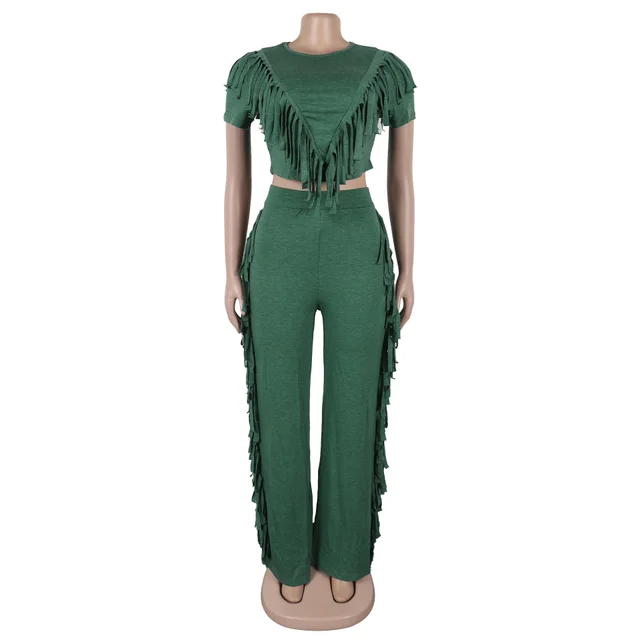 Comfort And Casual Tassel Top Wide Leg Pants Suit Two piece Set Green - Shop at LoveMi