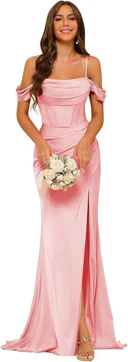Off the shoulder Satin Bridesmaid Corset Ball Gown Pink - Shop at LoveMi